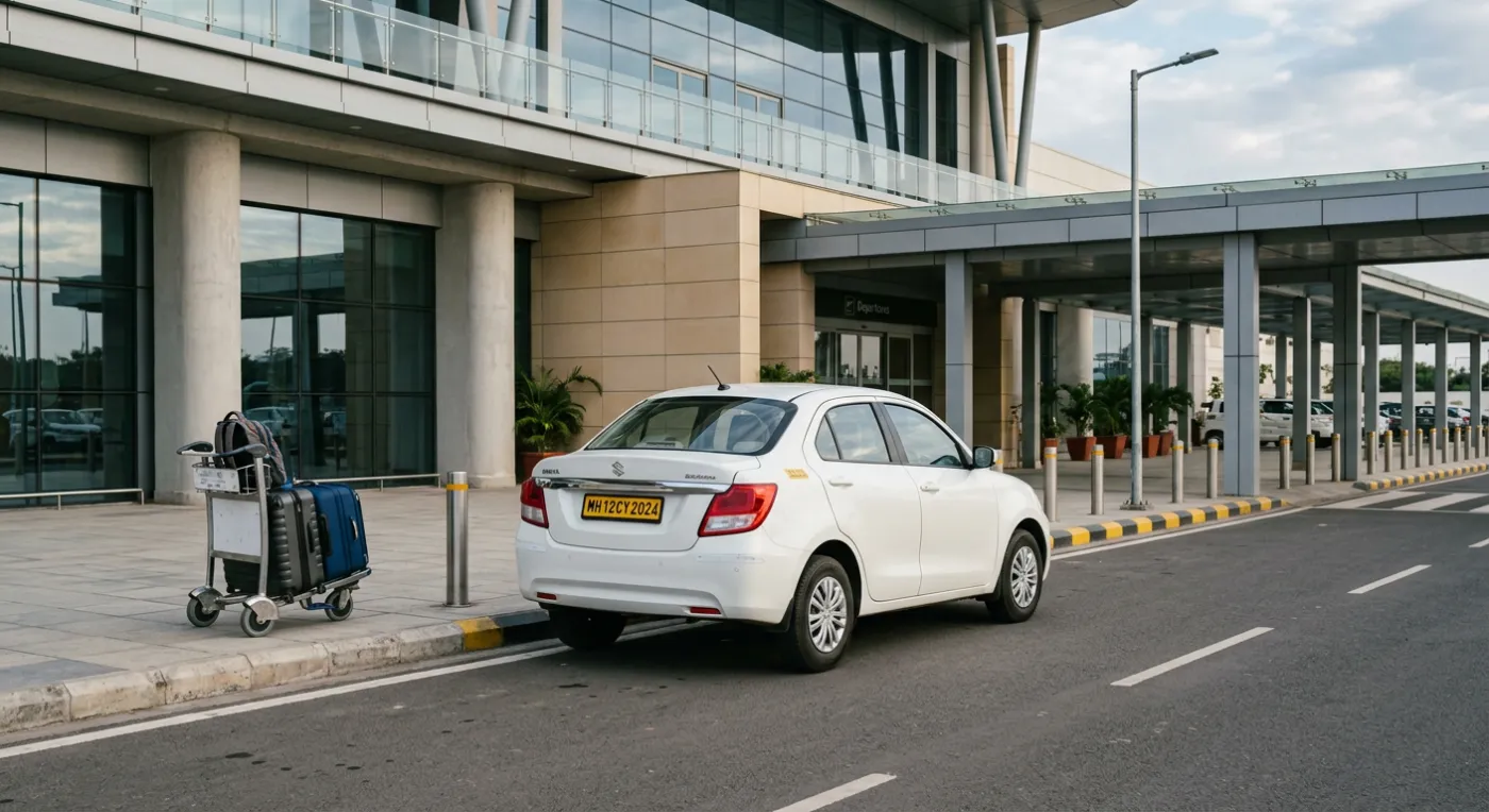 A white sedan taxi with a yellow commercial plate waiting at an Indian airport terminal kerbside