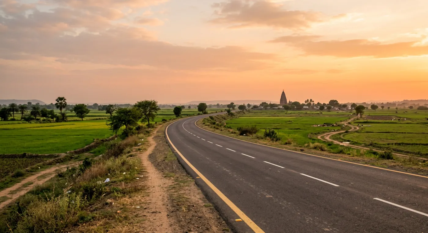An Indian national highway curving into farmland at golden hour, a distant temple spire on the horizon