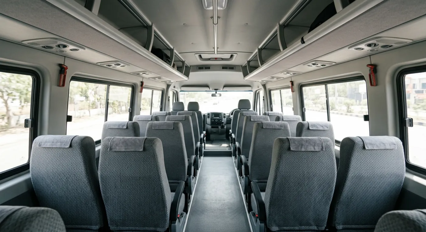 Looking down the centre aisle of an empty tempo traveller, pushback seats either side