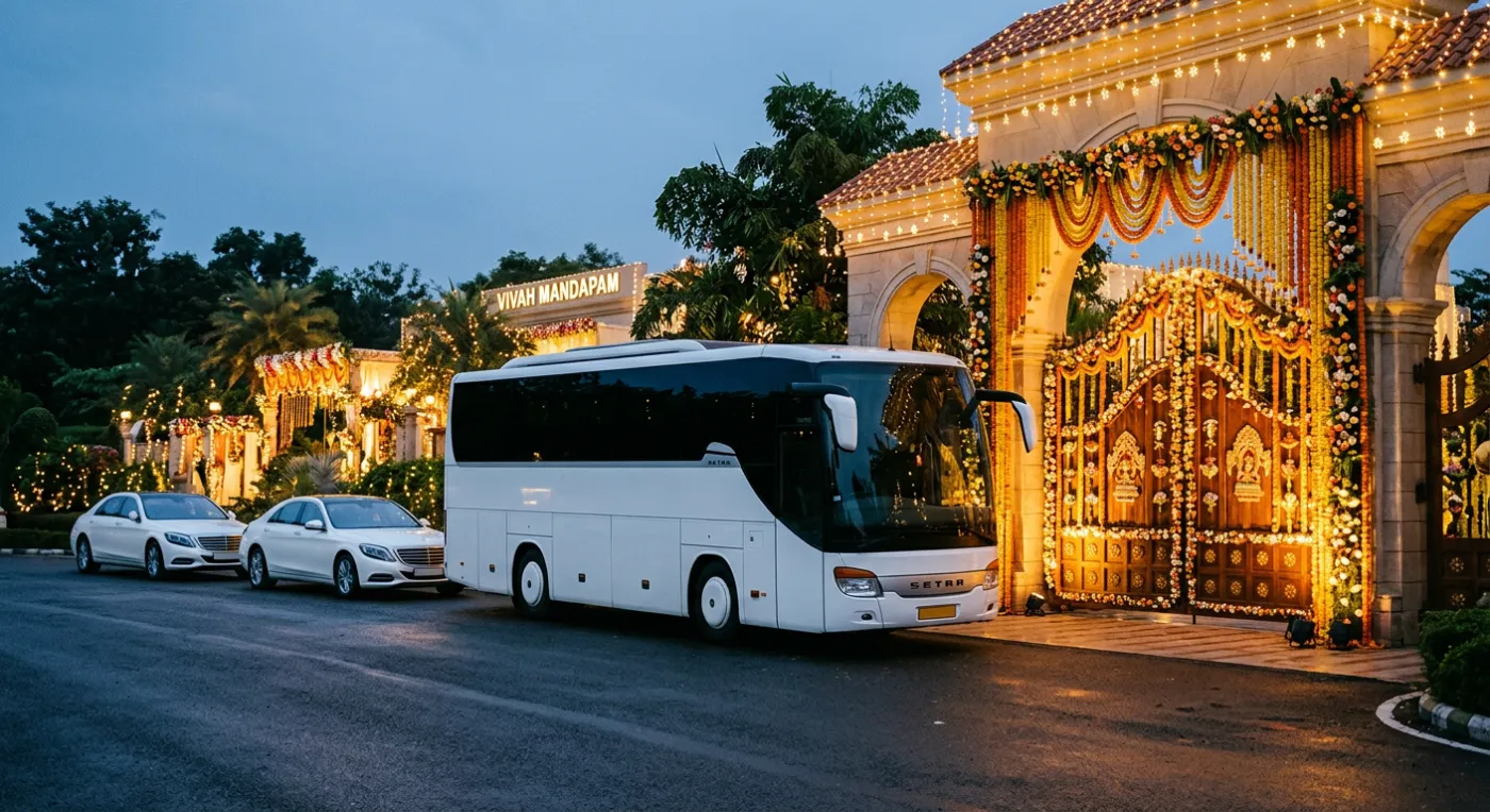 A white luxury coach and two sedans parked outside a decorated Indian wedding venue gate at dusk